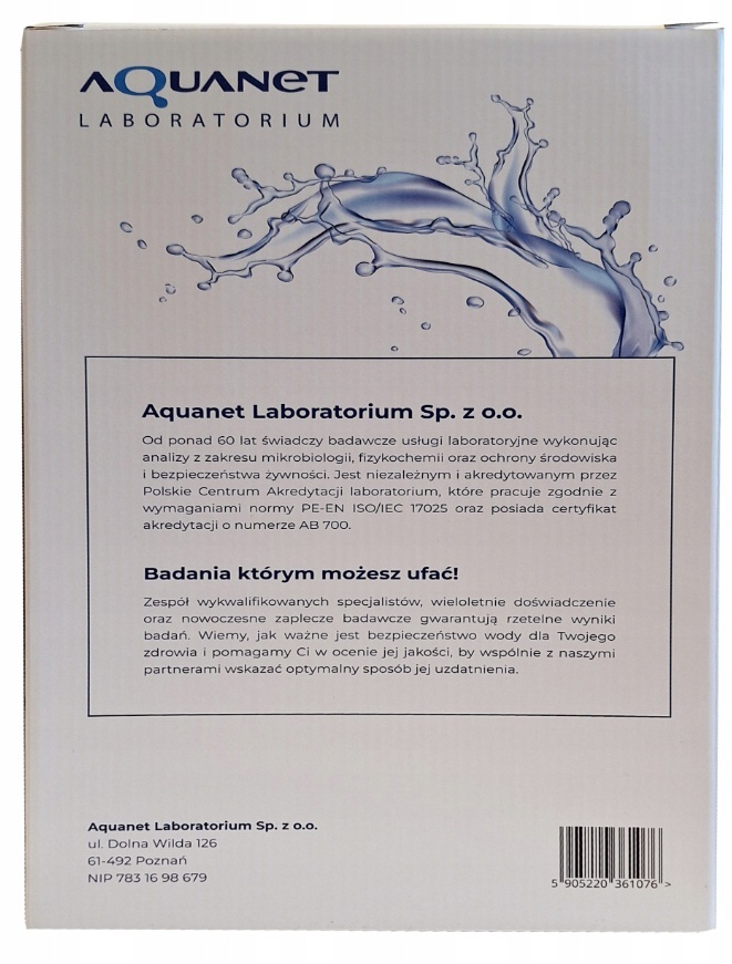 Zestaw do badania wody obejmujący akcesoria oraz formularz zwrotu próbki do laboratorium